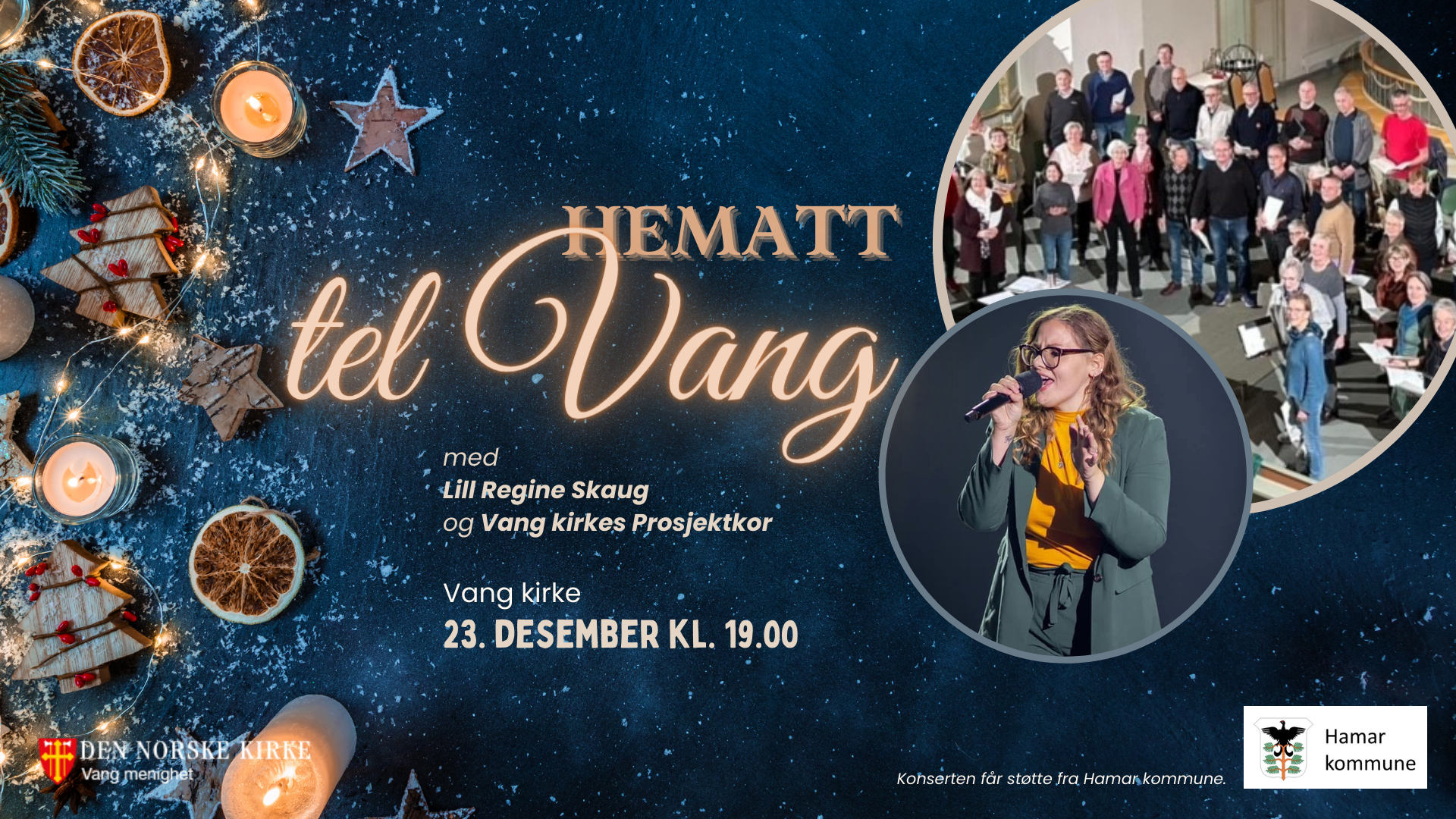 Julepreget konsertplakat med bilde av kor, soloartist